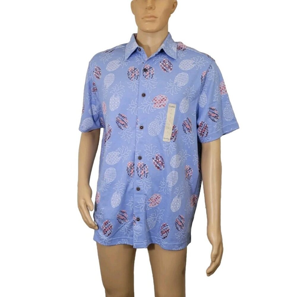 Caribbean Mens Shirt Size L Short Sleeve Button Up Pineapple Print Blue 37